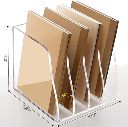 SANRUI Acrylic Desk File Organizer, 4 Vertical Compartments Clear Magazine File Holder Workspace Sorters, Folder Rack for Office Accessories Organization Storage