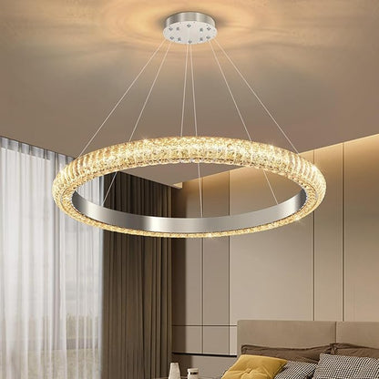 31.5" 1 Ring Crystal Chandelier Modern LED Dimmable Ring Pendant Light Chandelier for Dining Room Living Room Silver