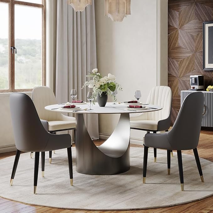 POVISON Round Dining Table, 47" Matte White Sintered Stone Top Dining Table with Gray Carbon Steel Pedestal, Modern Dining Room Table for Kitchen, Living Room (Table Only)