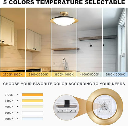 Dimmable Mid Century Modern Semi Flush Mount Ceiling Light with Acrylic Shade,Black Gold LED Ceiling Light,5CCT 2700K-6000K Light Fxiture for Hallway Bedroom Kitchen Laundry Room Living Room 15.7 in