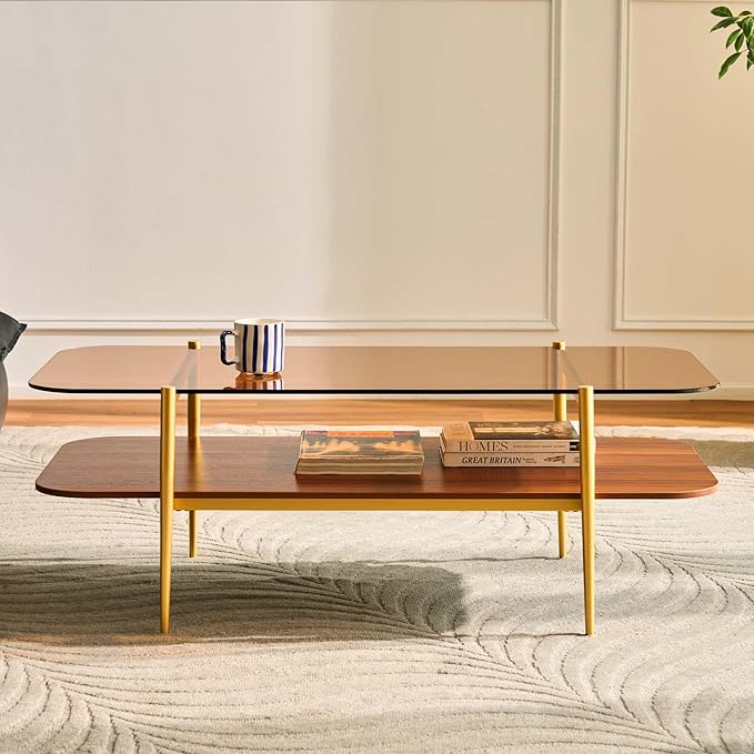 AGV LIGHTING Tadio Large Glass Coffee Table, Mid-Century Modern Coffee Table for Living Room, Gold Finish Leg, Coffee Brown Glass Top & Walnut Brown Shelf, 47 in Rrounded Corners