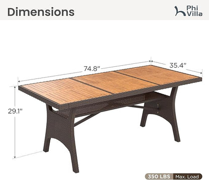 PHI VILLA Outdoor Dining Table for 6/8, 74" Rectangle Wicker Table with Acacia Wood Top & Storage Panel, Large Farmhouse Modern Furniture for Patio, Deck, Backyard, Porch