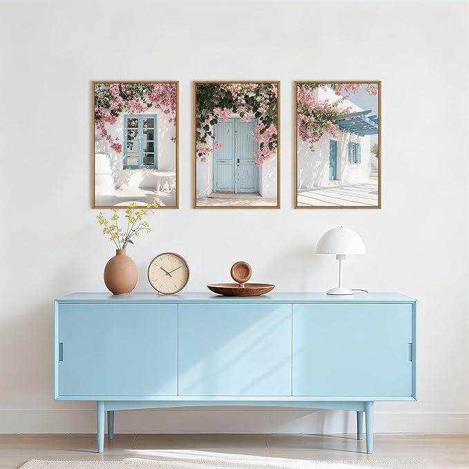 HOURIA Modern Greek Island Cityscape Framed Canvas Wall Art Set,European White House Blue Door Shutter Landscape Wall Decor,Santorini Natural Pink Flower Artwork for Living Room, Bedroom-24 x36 x3