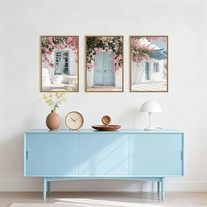 HOURIA Modern Greek Island Cityscape Framed Canvas Wall Art Set,European White House Blue Door Shutter Landscape Wall Decor,Santorini Natural Pink Flower Artwork for Living Room, Bedroom-16 x24 x3