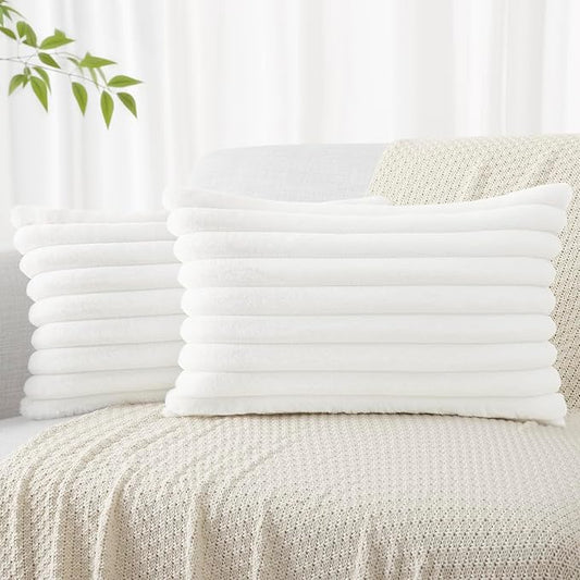 decorUhome Faux Fur Christmas Throw Pillow Covers 12x20 Set of 2, Decorative Soft Plush Striped Lumbar Neutral Euro Pillow Covers with Velvet Back for Bed, Living Room Home Decor, White