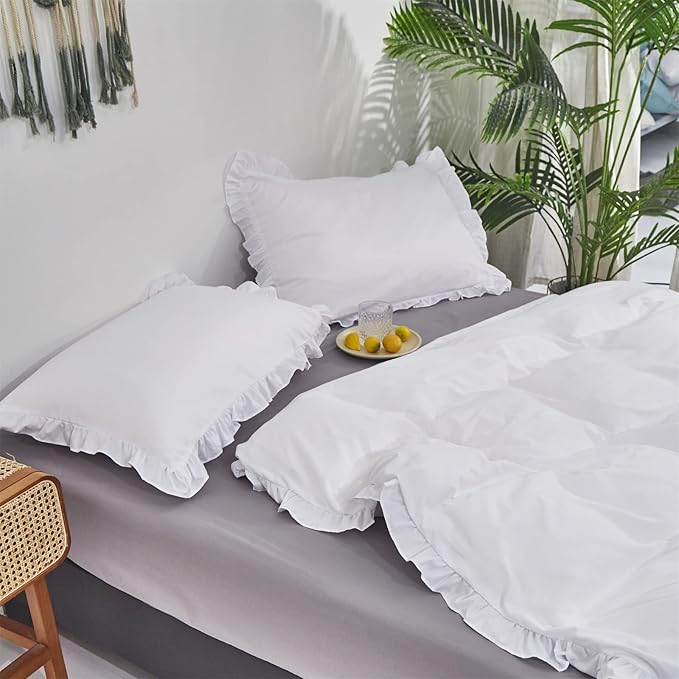 Pureant White Ruffle Comforter Set Queen Boho Lace Bedding Comforter Vintage Farmhouse Comforter Women Girls Solid Color Shabby Chic Bed Quilts Plain White Lightweight Fluffy Ruffled Fringe Bed