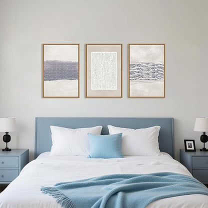 HOURIA Blue White Abstract Neutral Framed Canvas Wall Art Set,Minimalist Boho Waves Lines Wall Decor,Modern Geometric Shapes Print,Mid Century Grunge Artwork for Living Room,Bedroom,Office- 16"x24"x3