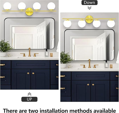 New Bathroom Vanity Light Fixtures Brushed Bronze Milk White Globe Glass Shade Modern Wall Bar Sconce Over Mirror (Brushed Brass, 4T)