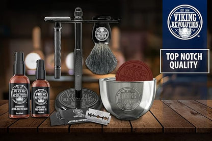 Viking Revolution Luxury Safety Razor Shaving Kit - Includes Double Edge Safety Razor, Stand, After-Shave Balm, Pre-Shave Oil, Badger Brush - Safety Razor Kit