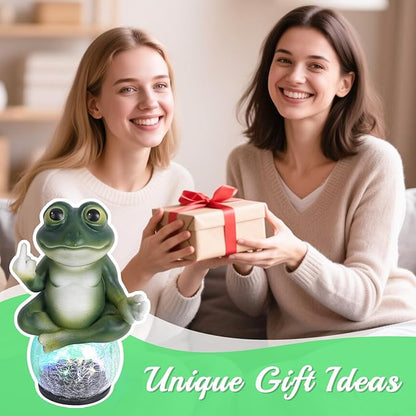 Meditating Frog Solar Garden Statue with Crackle Glass LED Light - Humorous Zen Yoga Animal Decor - Funny Gag Gifts for Patio Lawn and Pool Area - Christmas House Warming Gifts New Home