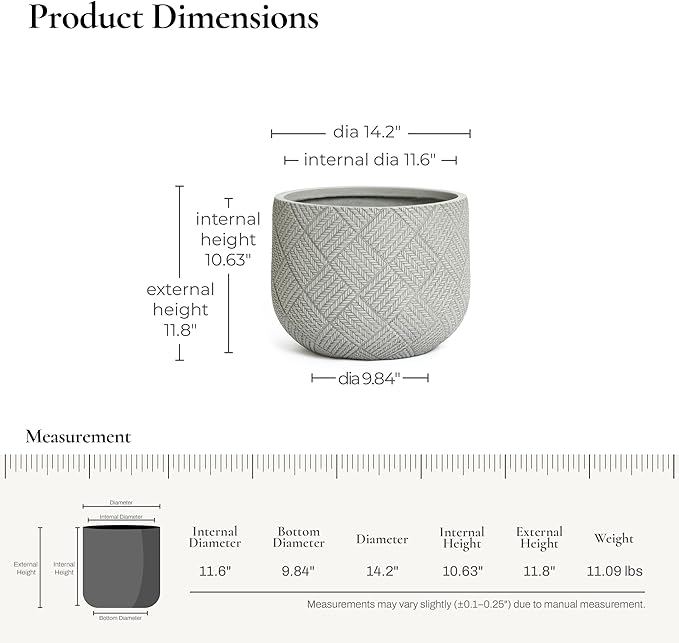 LuxenHome 14-Inch Dia Round Concrete Planters, Large Outdoor Indoor Decorative Plant Pots with Drainage Holes and Rubber Plug, Modern Gray Glen Woven Pattern Flower Pot Planters for Home Garden Patio