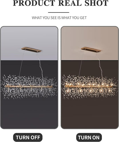 Modern 47.2" Modern Gold Crystal Firework Chandelier, 15-Light Pendant Light Fixture, Rectangle Linear Sputnik Dandelion Chandeliers for Dining Room Kitchen Living Room