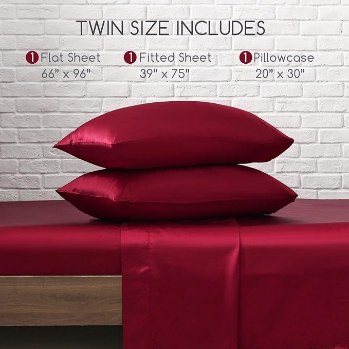 MR&HM Satin Bed Sheets, Twin Size Sheets Set, 3 Pcs Silky Bedding Set with 15 Inches Deep Pocket for Mattress (Twin, Burgundy)