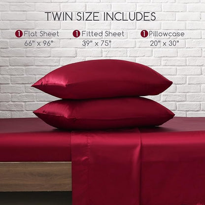 MR&HM Satin Bed Sheets, Twin Size Sheets Set, 3 Pcs Silky Bedding Set with 15 Inches Deep Pocket for Mattress (Twin, Burgundy)