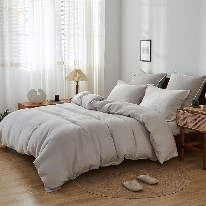 Simple&Opulence 100% Linen Duvet Cover Set, 3 PCS Natural French Flax Light Grey Duvet Cover Queen Size, Breathable Soft Comfy Linen Bedding Comforter Cover with 2 Pillowcases(Light Grey, 88" x 92")