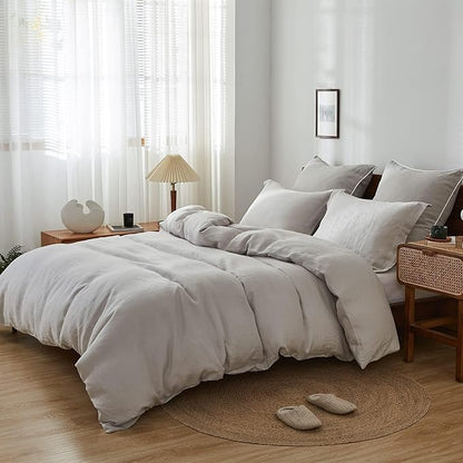 Simple&Opulence 100% Linen Duvet Cover Set, 3 PCS Natural French Flax Light Grey Duvet Cover Queen Size, Breathable Soft Comfy Linen Bedding Comforter Cover with 2 Pillowcases(Light Grey, 88" x 92")