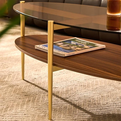 AGV LIGHTING Oval Coffee Table, Mid-Century Modern Coffee Table, Glass Coffee Table, Glod Finish Legs, Amber Brown Glass Top with Walnut MDF Shelf