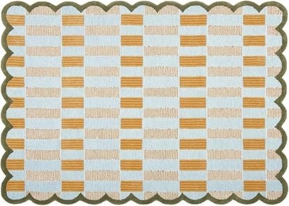 Hand-Tufted Wool Rug with Scalloped Edges, Light Blue Plaid Pattern, Cozy Soft Area Rug for Living Room, Bedroom, and Nursery, Handmade Modern Accent Rug, 6x6 Ft (Square)