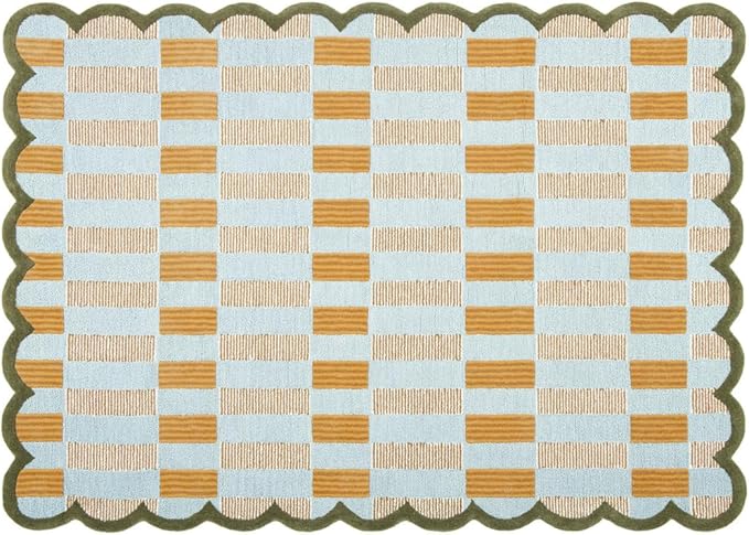 Hand-Tufted Wool Rug with Scalloped Edges, Light Blue Plaid Pattern, Cozy Soft Area Rug for Living Room, Bedroom, and Nursery, Handmade Modern Accent Rug, 4x6 Ft
