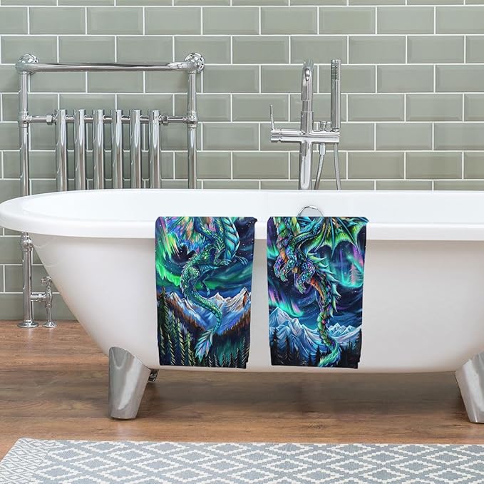 Dragon Kitchen Towels Set of 2 Fantasy Night Sky Mountain Northern Lights Dish Towels Holiday Tabletop Decor Dragon