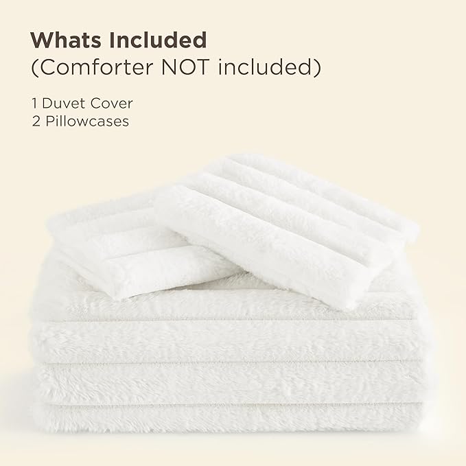 Bedsure Faux Fur Duvet Cover Queen Size - White Fluffy Duvet Cover Set, Soft and Cozy Shaggy Bedding Comforter Cover, Winter Warm Luxury Fuzzy Bed Set 3 Pieces, 1 Queen Duvet Cover and 2 Pillowcases