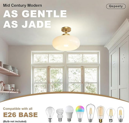 Mid Century Modern Semi Flush Mount Ceiling Light Fixture, Gold with 11.02" Milk White Glass Shade, Vintage Close to Ceiling Lamp for Hallway, Entryway, Bathroom, Closet