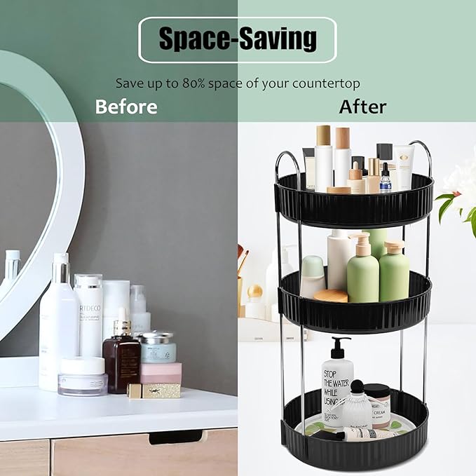 Rotating Makeup Organizer Countertop 3 Tier Lazy Susan Spinning Skincare Perfume Storage for Bathroom Counter Vanity, Black