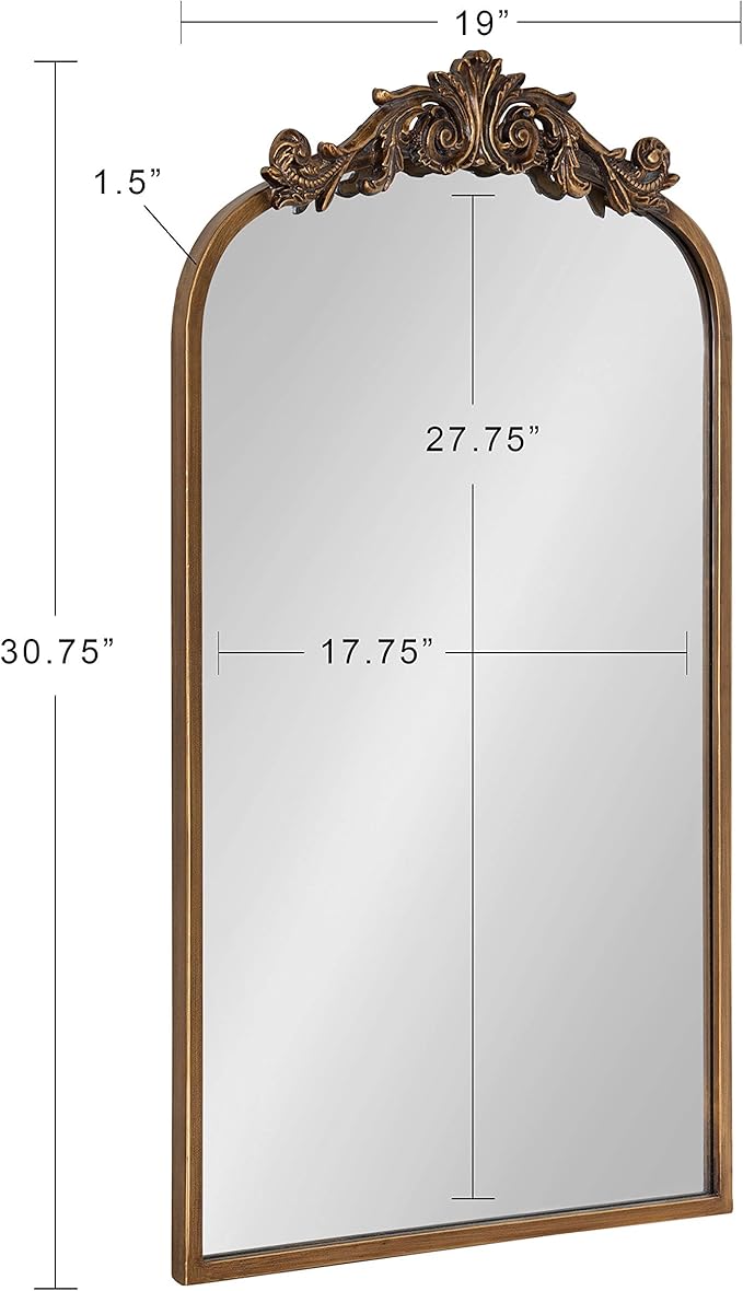 Kate and Laurel Arendahl Traditional Arch Mirror, 19" x 30.75", Gold, Baroque Inspired Wall Decor