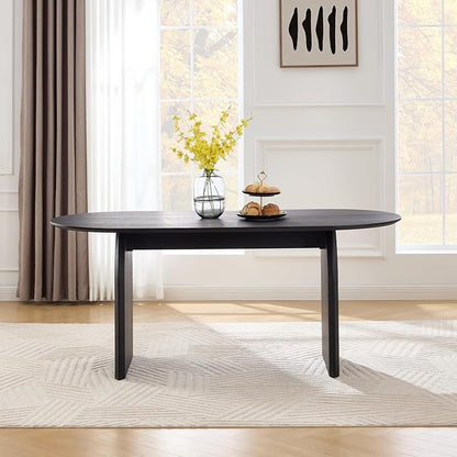 70" Farmhouse Oval Dining Table, Heavy-Duty Wood Dining Room Table for 4-6 Seats, Modern Kitchen Dinner Table & Home Desk with Easy-Clean Curved Tabletop, Black