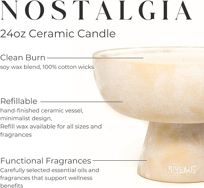 BLUEME Nostalgia - Bergamot & Musk, Luxury Candle w/Essential Oils, 5 Wick, Hand-Poured Soy, Cotton Wick, Ceramic