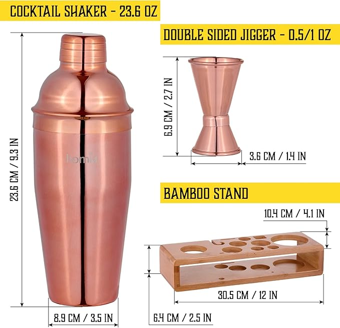 Bartender Kit with Whiskey Smoker - 13 pcs, Bamboo Stand - Bar Set with Cocktail Shaker, Bartending Kit with Essential Bar Accessory Tools, Wood Chips, Pink Gold