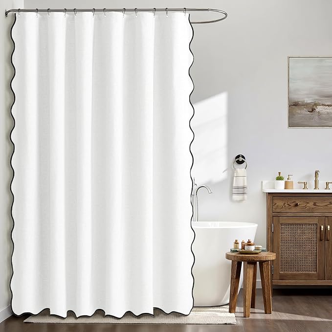 MIULEE White Scalloped Shower Curtain Linen Textured with 12 Metal Hooks Cute Heavy Duty Washable Waterproof Thick Cloth Shower Curtains with Black Border for Bathroom Hotel Bathtub,W72*L72