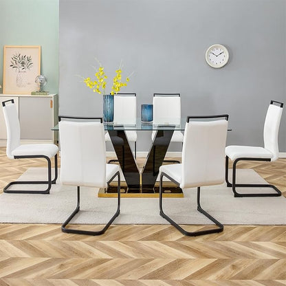 Glass Dining Table Set for 6, 71" Dining Table Set for 6, Dining Room Table Set for 6, Glass Tabletop and MDF Base