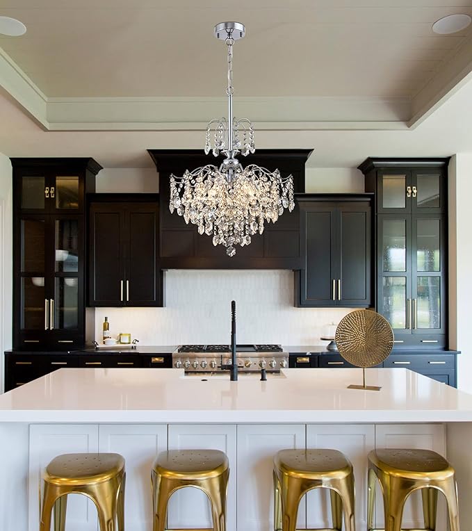Q&S Modern Crystal Chandelier Chrome Pendant Light 6 Lights for Dining Room Kitchen Island Entryway Bathroom Hallway UL Listed