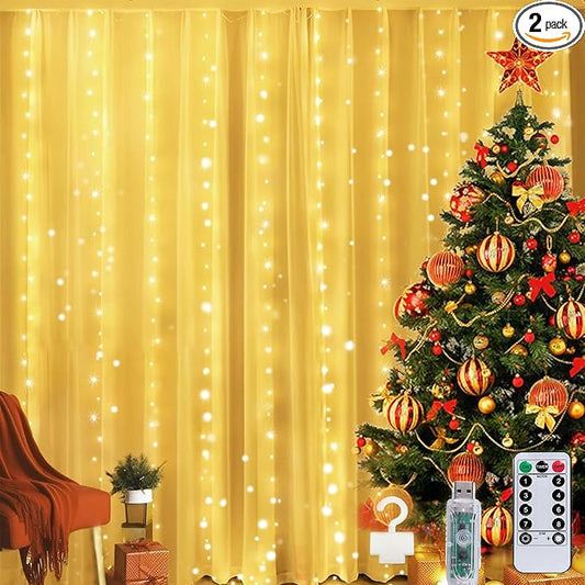 Curtain Lights, 300 LED Dimmable Fairy Lights with Remote and Timer, 8 Modes, USB Powered String Lights for Room Wall Party Xmas Indoor Decor, Warm White, 2 Pack