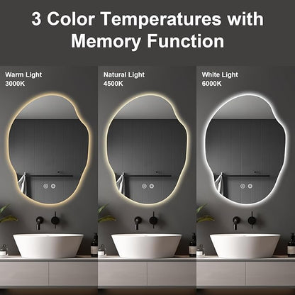 Irregular LED Bathroom Mirror with Lights,Asymmetrical Led Bathroom Vanity Mirror for Wall with Front and Backlit, Anti Fog, 3 Colors and Dimmable Light,[Horizontal/Vertical] 30" H x 22" W