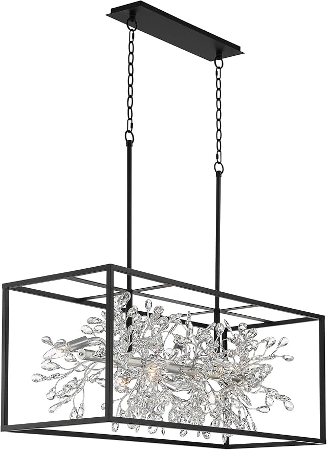 Possini Euro Design Carrine Black Silver Metal Rectangle Linear Pendant Chandelier 38 1/2" Wide Modern Clear Crystal Flower Vine 8-Light Fixture for Kitchen Island Dining Room House High Ceilings