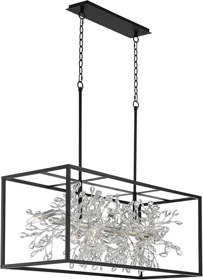 Possini Euro Design Carrine Black Silver Metal Rectangle Linear Pendant Chandelier 38 1/2" Wide Modern Clear Crystal Flower Vine 8-Light Fixture for Kitchen Island Dining Room House High Ceilings