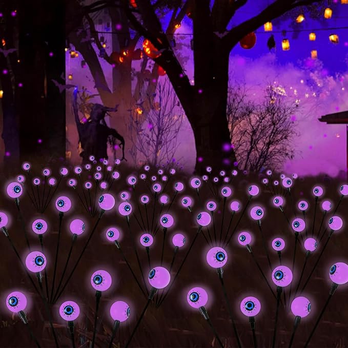 2025 Upgraded 6 Pack Solar Halloween Lights Outdoor, 36 LED Purple Swaying Solar Eyeball Lights Waterproof with 2 Modes for Path Party Patio Garden Pathway Graveyard Halloween Displays Decorations