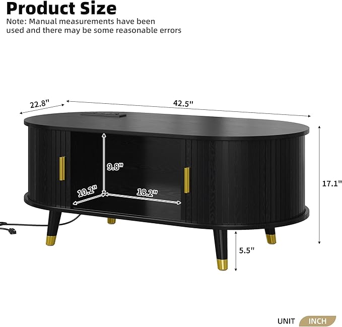 Mid-Century Fluted Oval Coffee Table with 360° Tambour Doors, Hidden Storage, Solid Wood Legs & 2 AC+2 USB Charging Station, Modern Coffee Table for Living Room, Apartment, Black