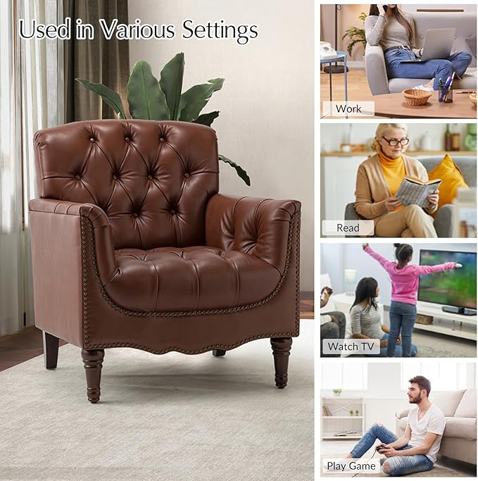 HULALA HOME Mid Century Modern Leather Club Chairs, Top-Grain Genuine Leather Armchairs with Button-Tufted Back & Solid Wood Legs, Accent Chairs for Living Room/Bedroom/Home Office, Brown
