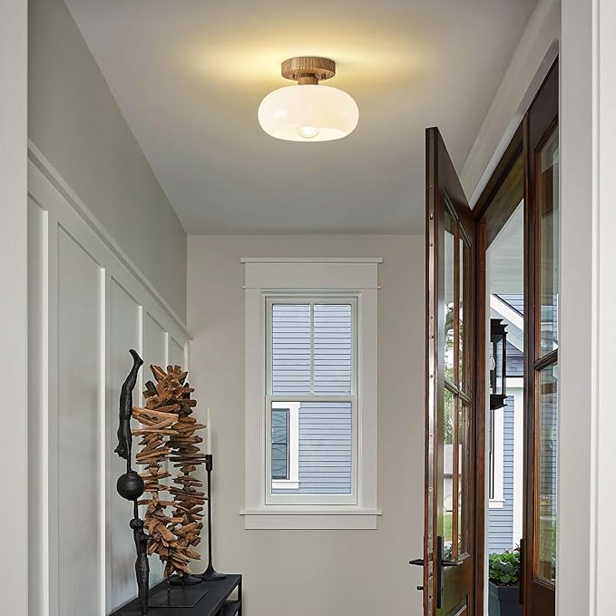 Mid-Century Modern Semi Flush Mount Ceiling Light, Faux Wood Kitchen Ceiling Light Fixture with Glass Shade, Vintage White Close to Ceiling Lamp for Entryway Hallway Bathroom (8.66 Inch)