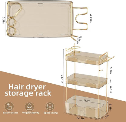 3 Tier Bathroom Organizer Countertop Makeup Perfume Skincare Organizer Comes with Hair Dryer Rack and Toothbrush Holder for Bathroom Dresser Vanity (Gold)