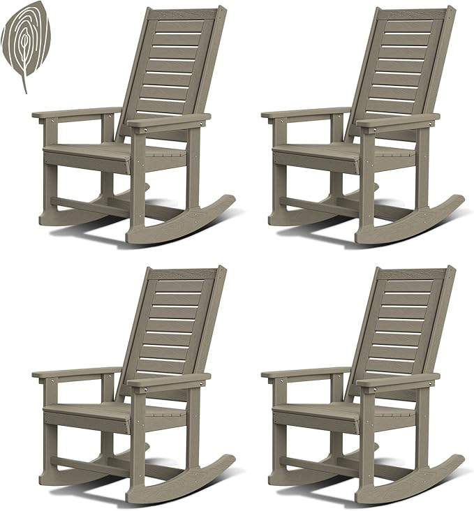 GREENVINES Outdoor Rocking Chairs | Set of 4 | Porch Rocker | HDPE Plastic | Wood Grain | Oversized Rockers | High Back | Big & Tall | Ladder Back | Desert Brown | for Patio Outside