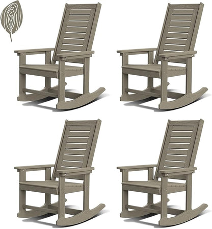 GREENVINES Outdoor Rocking Chairs | Set of 4 | Porch Rocker | HDPE Plastic | Wood Grain | Oversized Rockers | High Back | Big & Tall | Ladder Back | Desert Brown | for Patio Outside