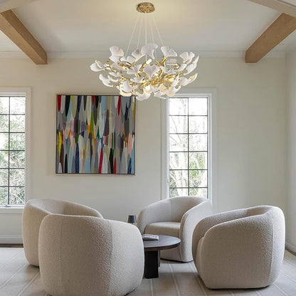 10-Light Gold Tree Branches Chandeliers, 32''Modern Round Ceramic Ginkgo Leaf Chandelier, Dining Room Chandelier Over Table, for Living, Foyer, Kitchen, Bedroom