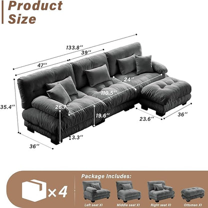 SoarFlash Velvet Sectional Sofa Ottoman, Grey
