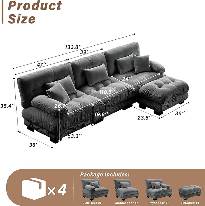 SoarFlash Sectional Sofas Couches for Living Room, L Shaped Couch Sofa Set, Small Couches for Small Spaces, Apartment with Movable Ottoman, Grey