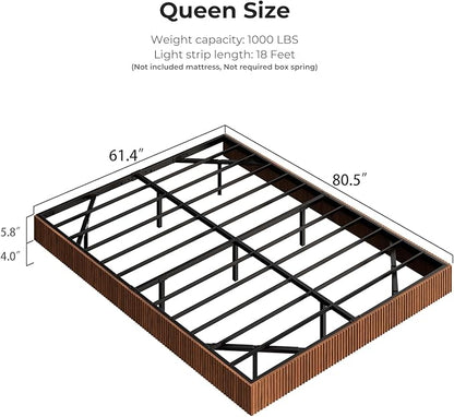Evermagin Walnut Queen Floating Bed Frame with led Lights, Mid Century Modern Fluted Floating Platform Bed No Headboard, Heavy Duty Metal Float Bedframe No Box Spring Needed