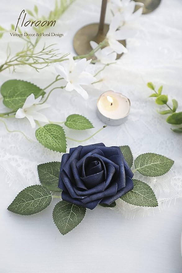 Floroom Artificial Flowers 25pcs Real Looking Navy Blue Foam Fake Roses with Stems for DIY Wedding Bouquets Bridal Shower Centerpieces Party Tables Home Decorations